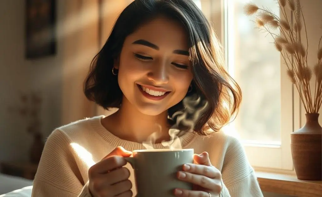 A person taking a quiet coffee break, smiling softly as they hold a warm mug near an open window.
