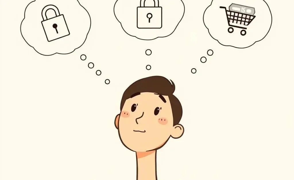 Minimalist cartoon image of a mindful consumer pondering the use of prepaid cards, with thought bubbles showing ideas.