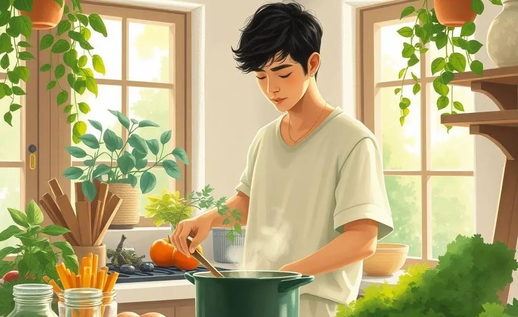Person cooking mindfully in a serene kitchen