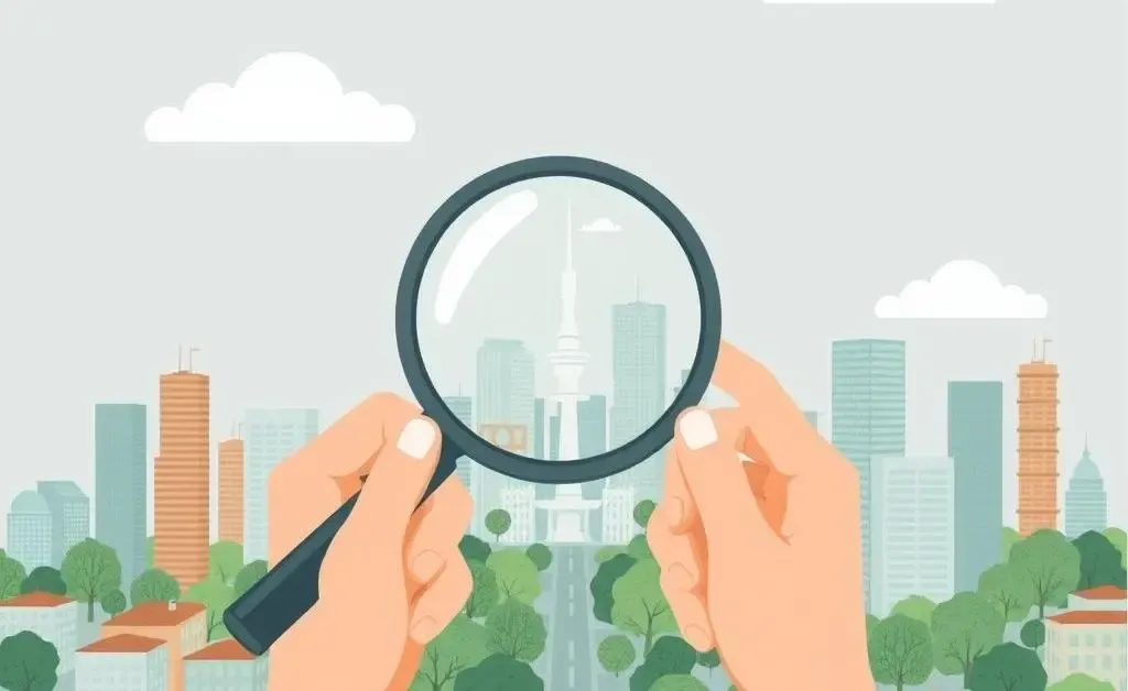 An illustration of hands holding a magnifying glass over a cityscape, suggesting mindful choices in urban planning.