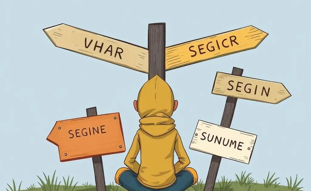 A character sitting at a crossroads with signs pointing in different directions