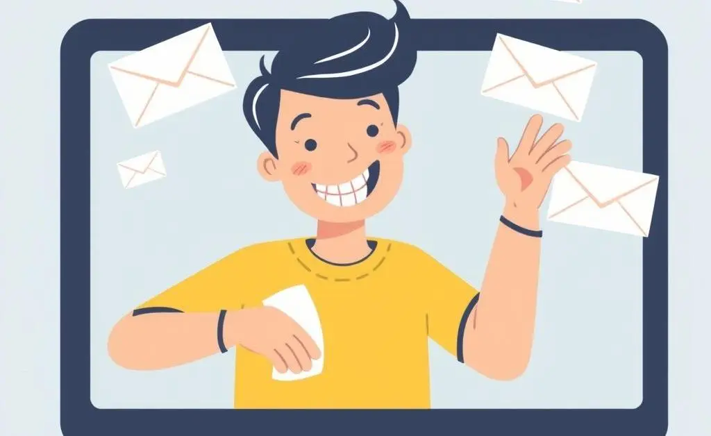 Illustration of a person happily cleaning emails on a computer with a nearly empty inbox in the background.