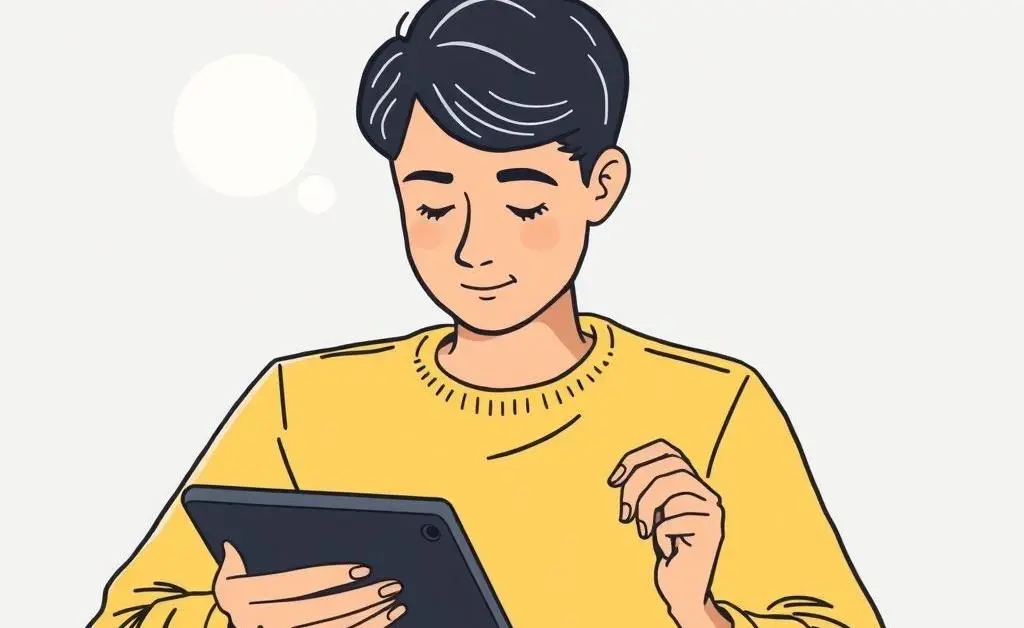 An illustrated scene of a person thoughtfully tracking expenses on a tablet.