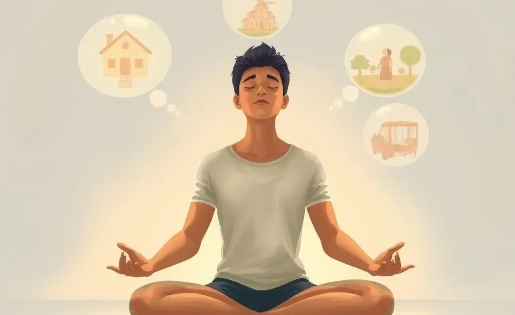 Person meditating with financial goal bubbles