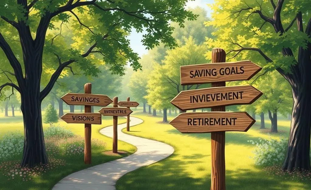 A scenic illustration of a path leading through a tranquil park, lined with signposts representing various financial milestones.