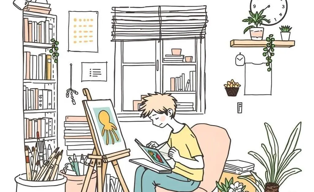 A hand-drawn illustration of someone peacefully engaged in hobbies like painting and reading in a clutter-free environment