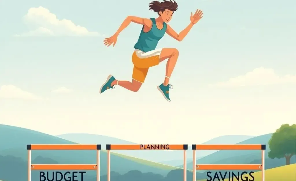 Illustration of a person jumping over hurdles labeled as 'Budget,' 'Planning,' and 'Savings.'