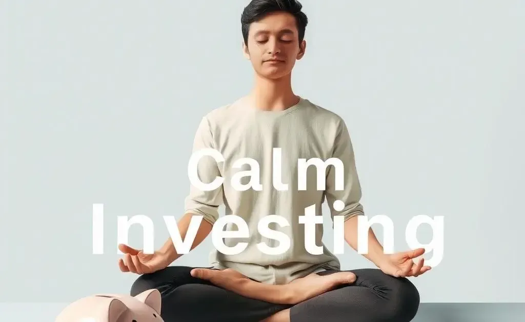 A serene scene of a person meditating with a piggy bank and financial documents nearby, symbolizing calm investing.