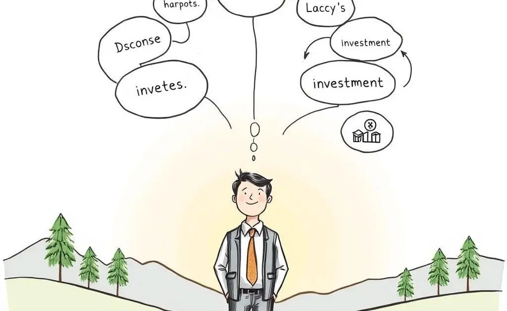 Hand-drawn image of a calm investor in a serene environment with a thought cloud showing various investment options.
