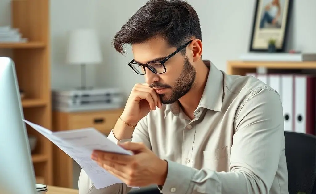 Thoughtful person examining investment options at a desk.