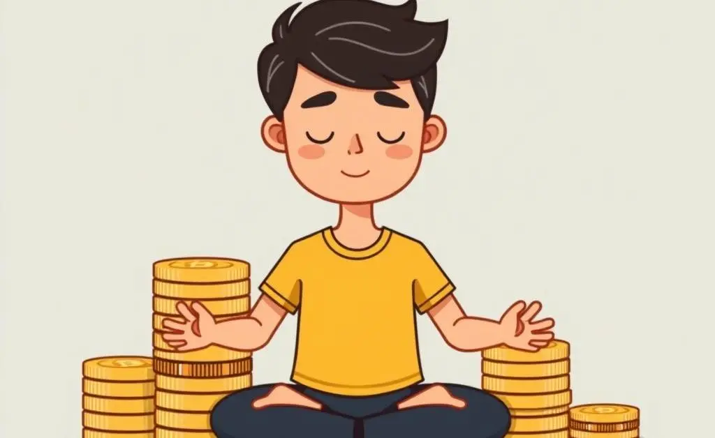 A cartoon-style image of a person meditating beside stacks of coins, representing mindful investing.