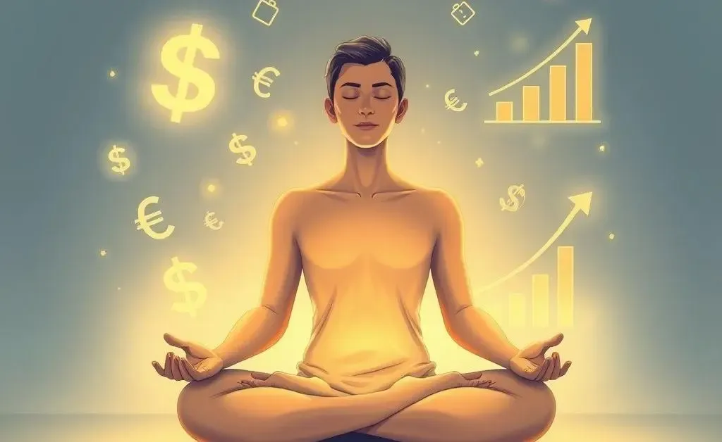 A person sitting cross-legged, meditating with financial symbols floating around them.