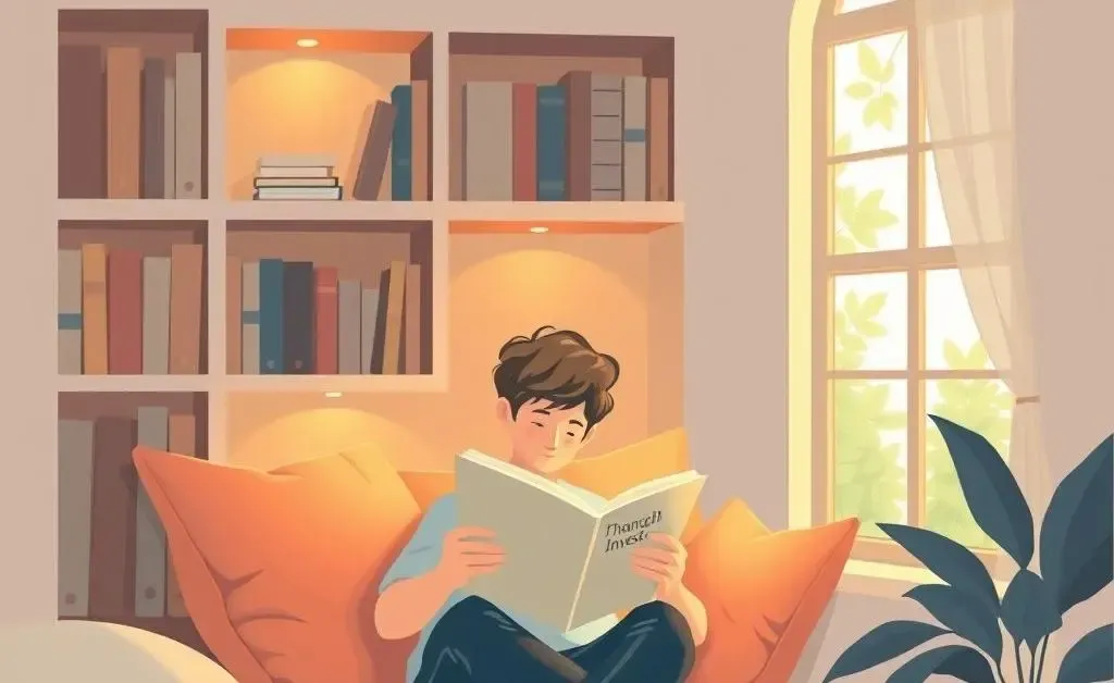 Illustration showing peaceful, mindful investing, with a person reading a finance book in a cozy corner.