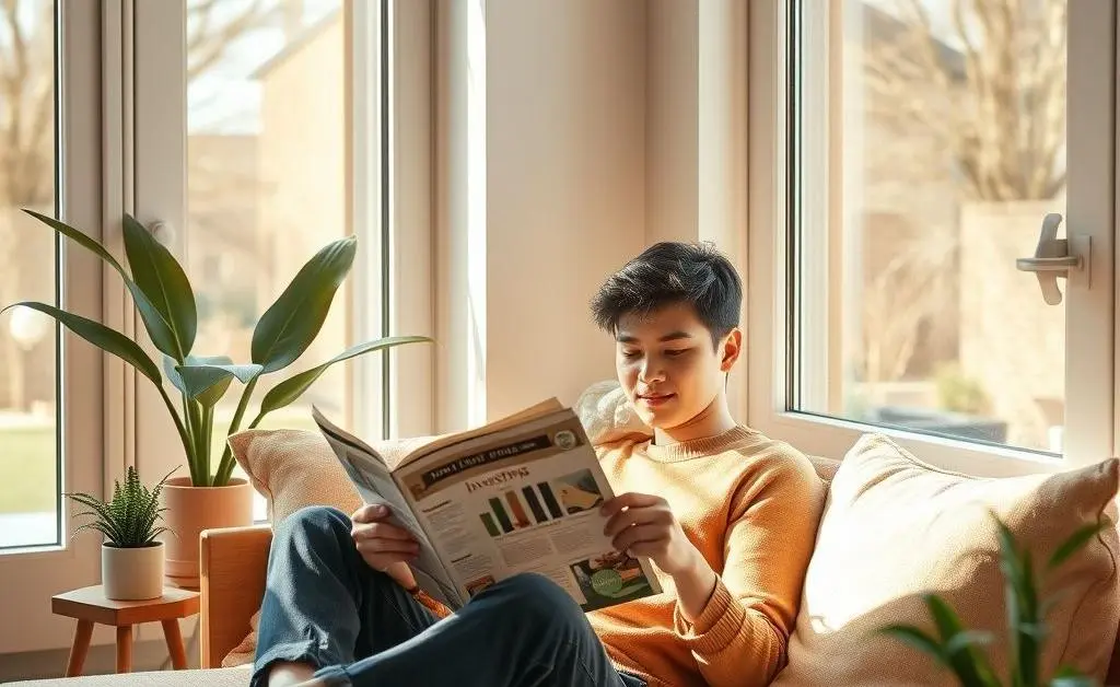 A serene image of a person relaxing with a book on investing, promoting thoughtful financial decision-making.