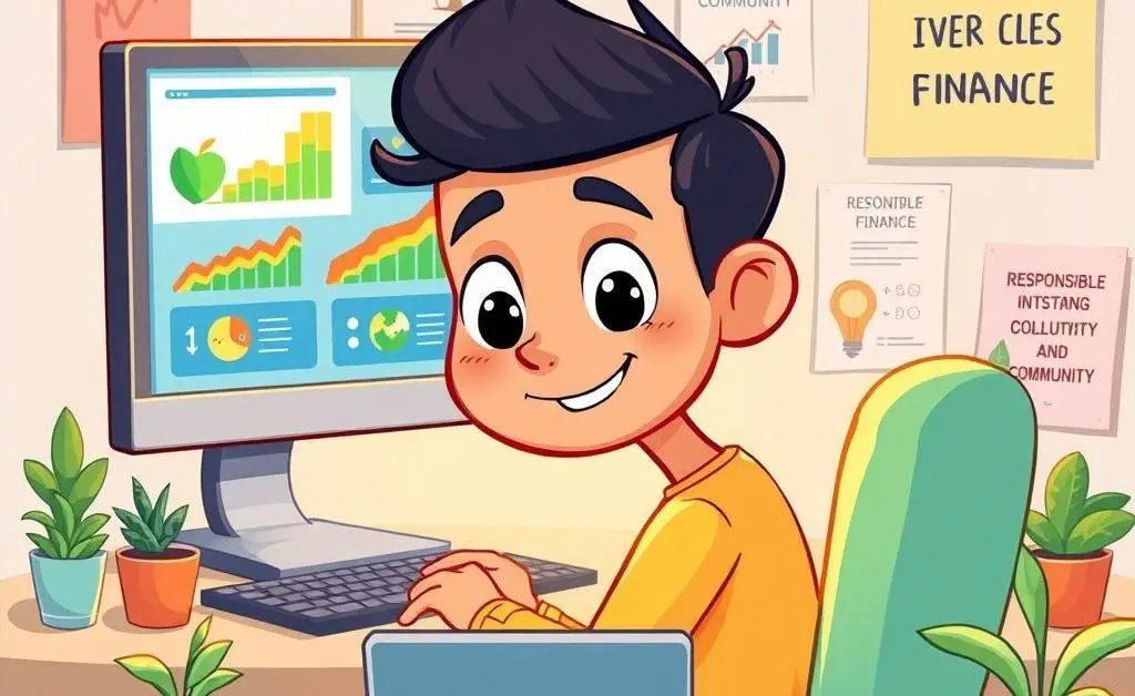 A cartoon-style image of a person working at a desk, with a computer screen showing ethical investment options.