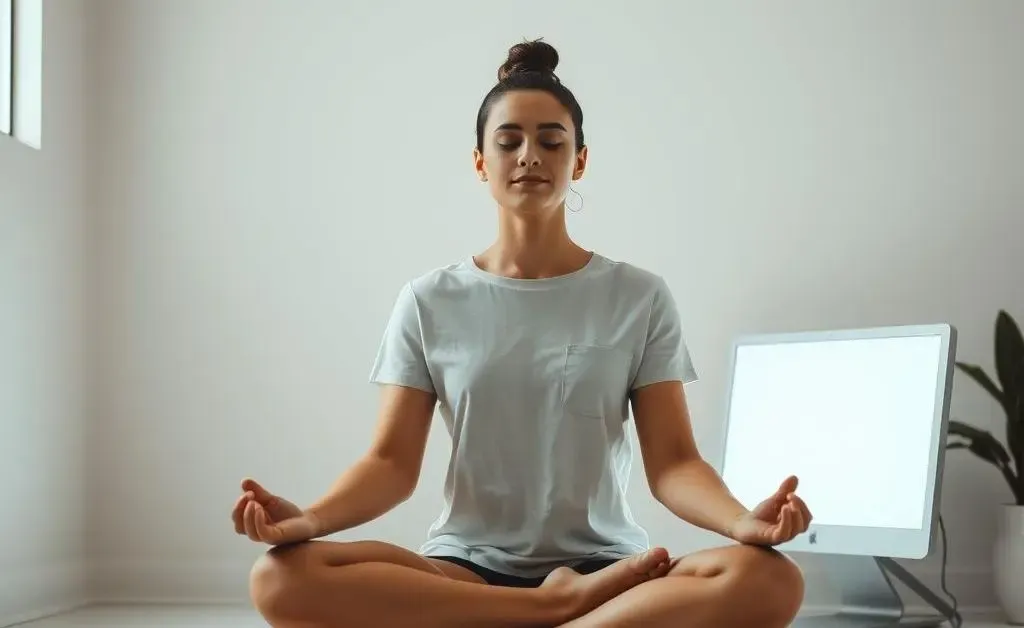 A person meditating in front of a computer, looking calm and focused