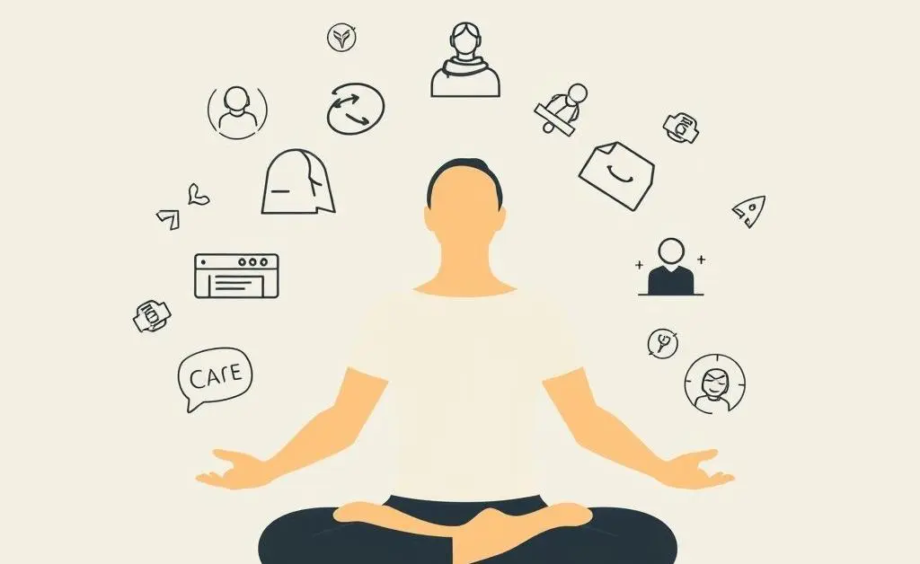 Minimalist image of a person meditating while surrounded by career symbols.