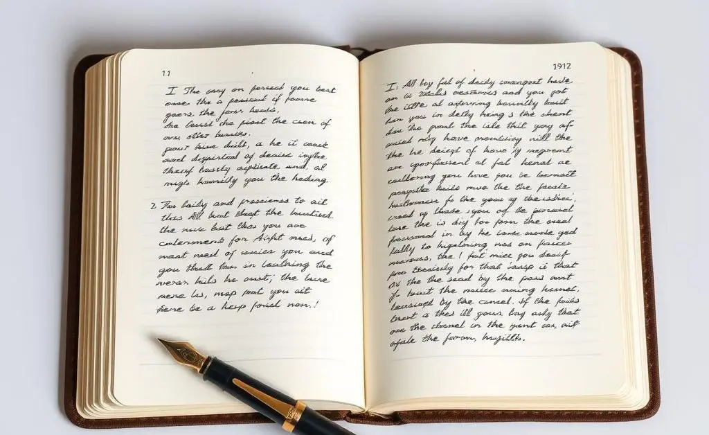 An open journal with handwritten notes and a fountain pen resting beside it.