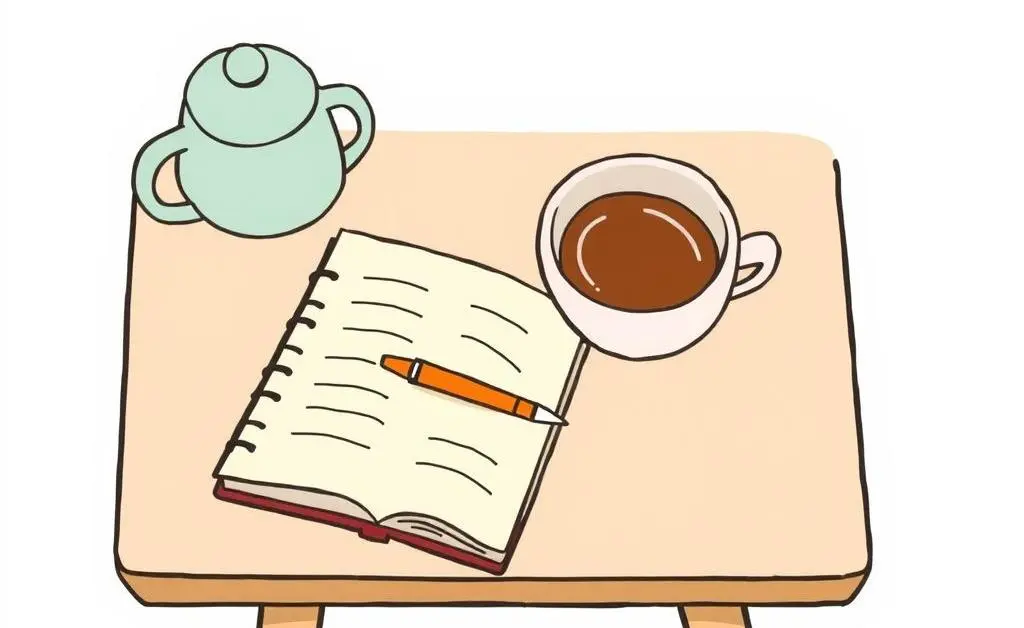 A desk with a journal, pen, and cup of tea for mindful reflection