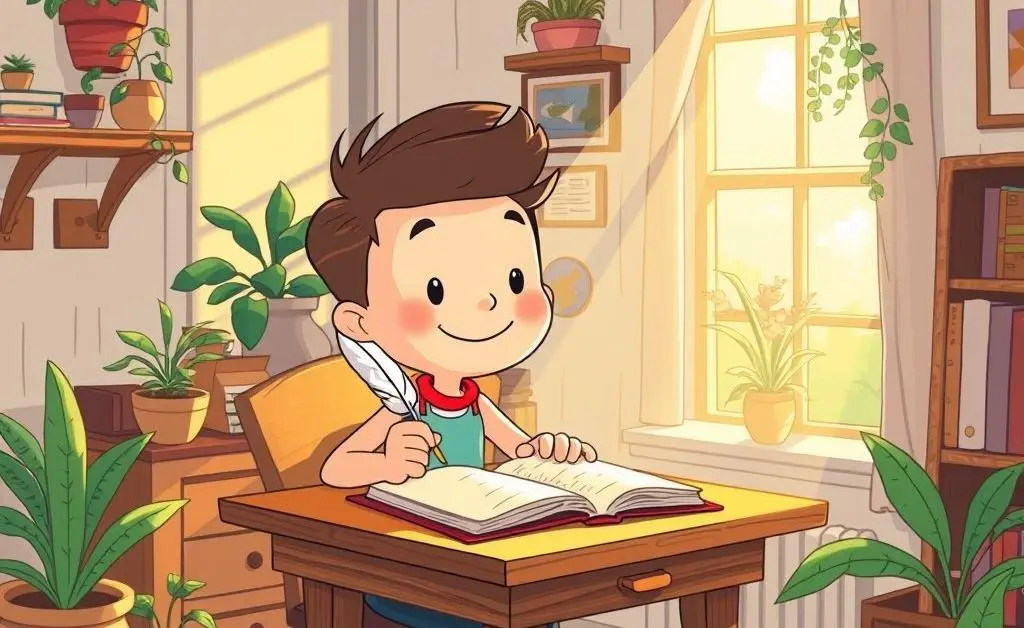 A cartoon person sitting at a desk writing in a journal, warm sunlight streaming through a window.