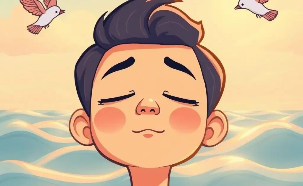 Person mindfully listening to nature sounds in a cartoon style