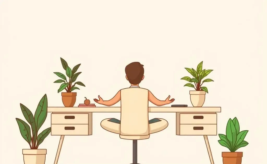 Person meditating at a desk with plants