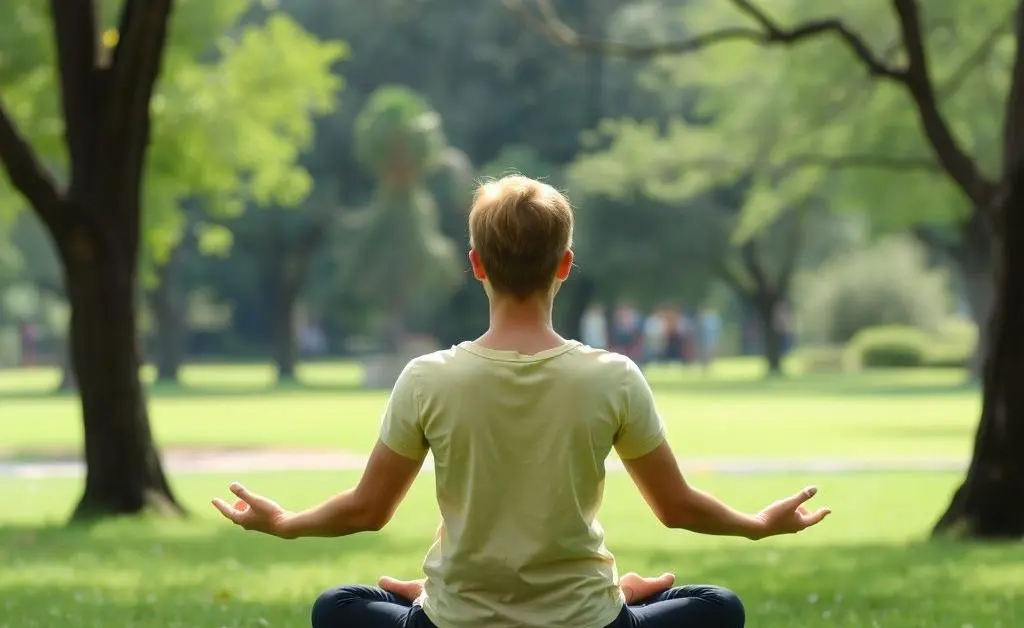 A person meditating in a serene park setting, surrounded by nature.