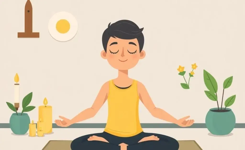 Person meditating surrounded by calming elements like candles and plants