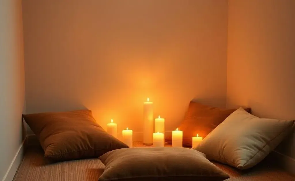 A cozy meditation corner with cushions, candles, and soft lighting