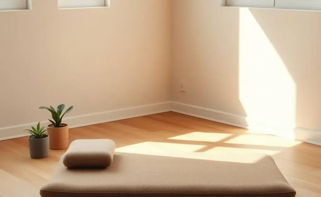 A peaceful meditation space with a single yoga mat and a small potted plant