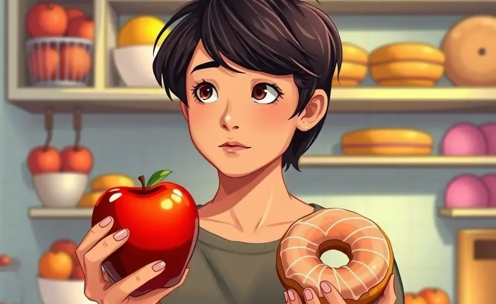 Illustration of a person making small thoughtful decisions like choosing an apple over a donut.