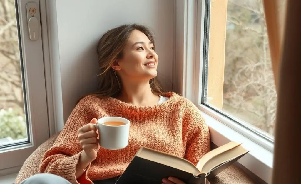 A person relaxed in a cozy corner with a cup of tea and a book.