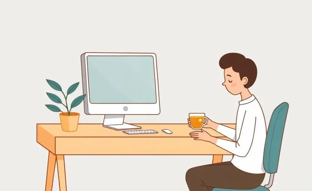A minimalist desk with a computer, plant, and a person with a cup of tea