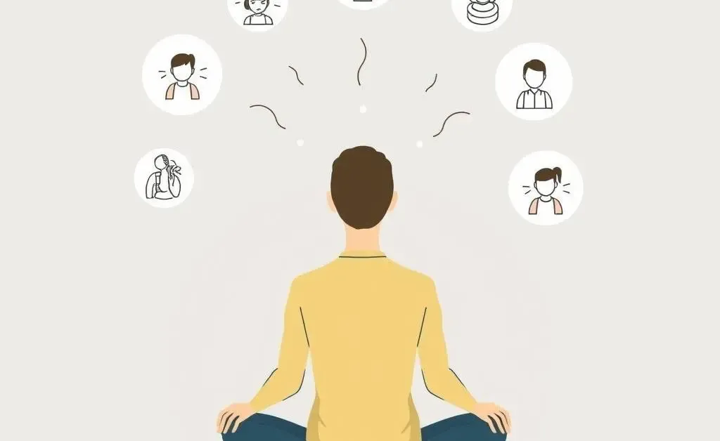 A person sitting calmly with a thought bubble showing various distractions fading away.
