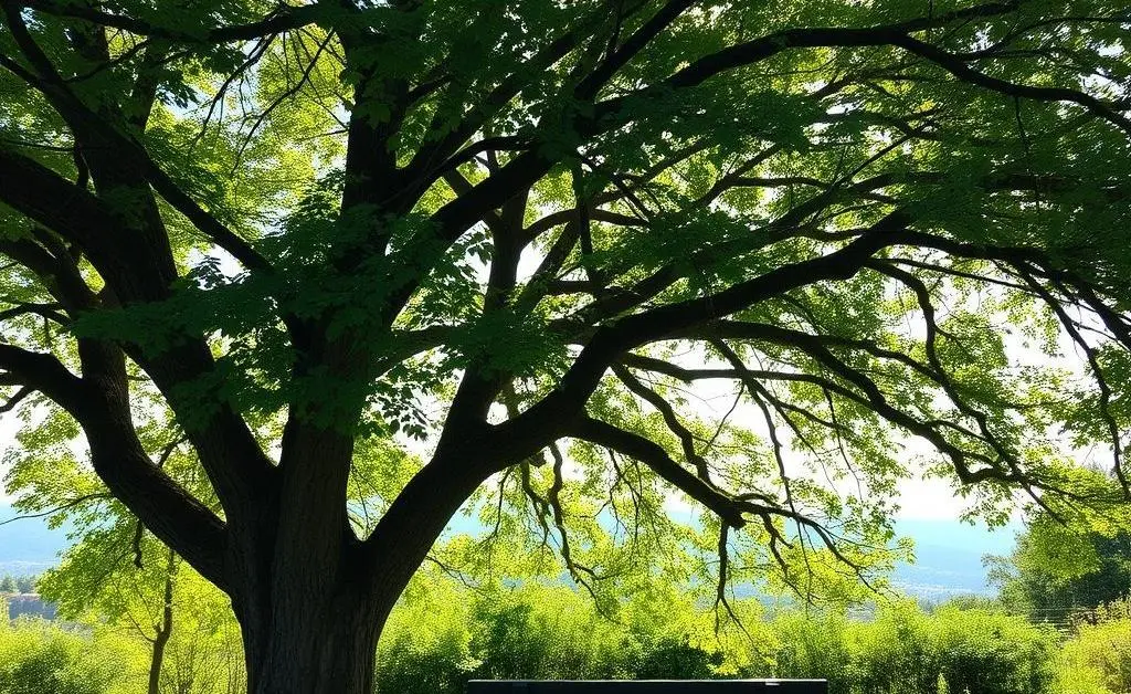 A serene nature scene with a bench under a tree