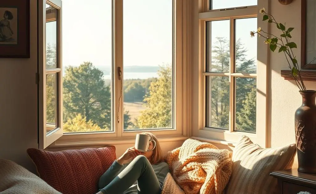 A person sitting in a cozy nook, sipping tea and gazing out a window with a calm expression.