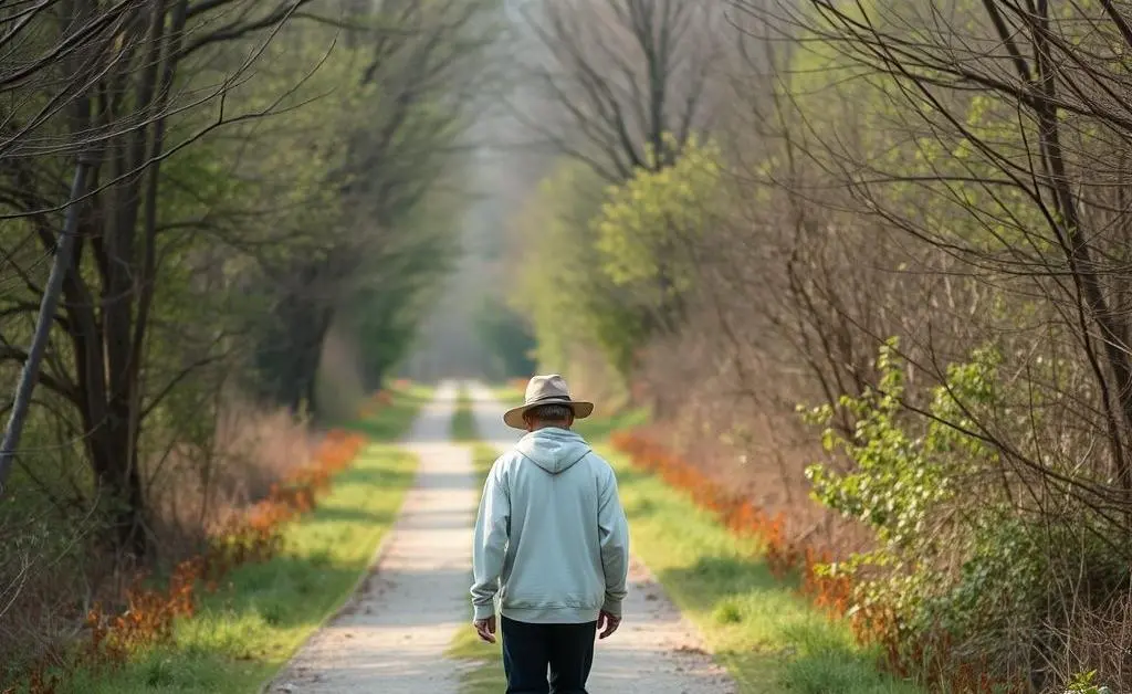 Person walking alone on a quiet path surrounded by nature, capturing a moment of mindfulness.