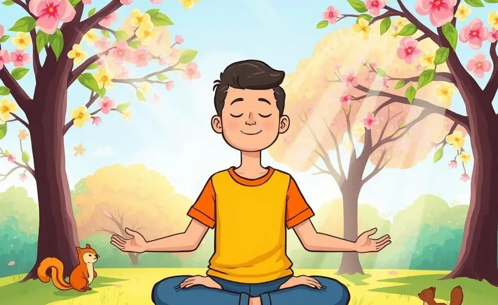 A cartoon-style image of someone meditating in a park with vibrant colors and a peaceful atmosphere.