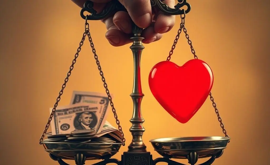 A hand holding a scale with money on one side and a heart on the other, showing balanced financial decisions.
