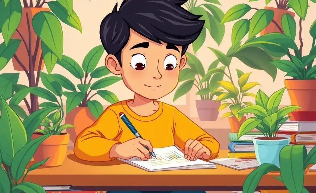 A calm person writing a budget on paper, surrounded by plants and books