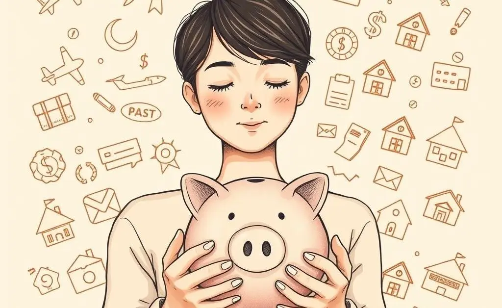 Illustration of a person using a piggy bank for savings goals.