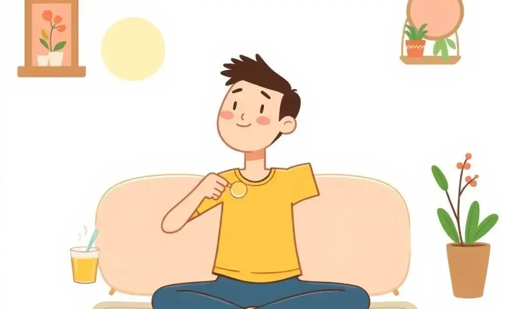 A cartoon-style illustration of a morning routine with a person enjoying a peaceful breakfast and stretching.