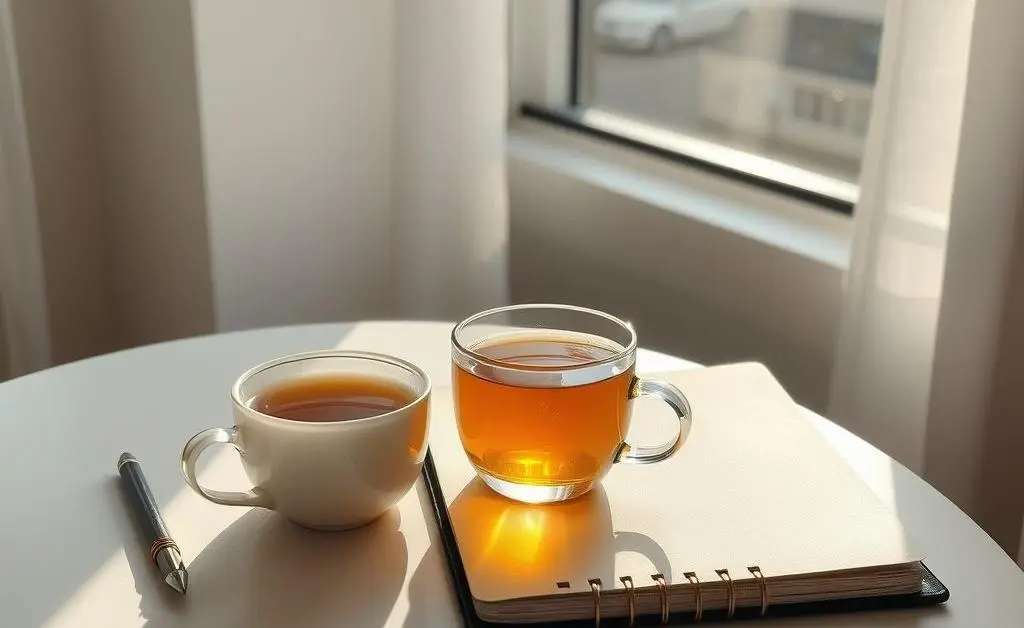 Cozy morning setup with a cup of tea and notebook.