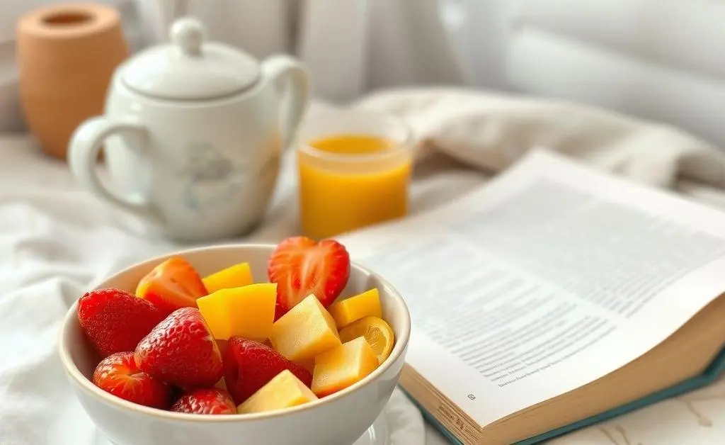 A cheerful morning scene with a cozy breakfast setup, including a bowl of fruit and a book.