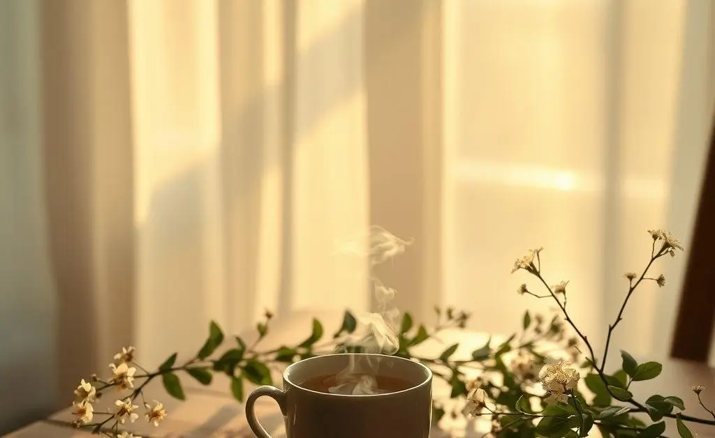 A peaceful morning scene with a cup of tea and natural light