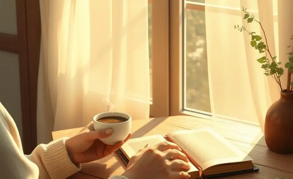 Illustration of a mindful morning routine with a cup of coffee and a journal