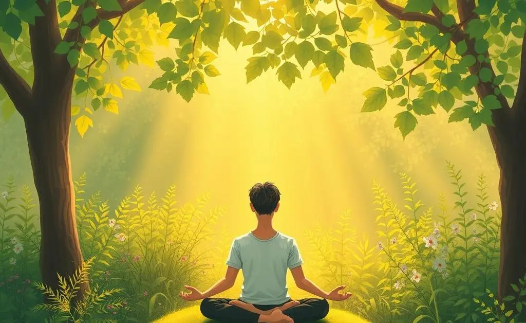 Illustration of a person meditating in a garden, with sunlight streaming through the trees.
