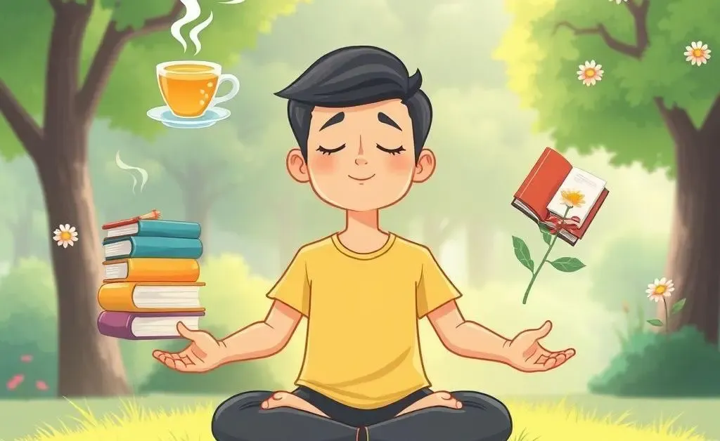 A cartoon of a person meditating, surrounded by calming icons like tea, books, and nature.