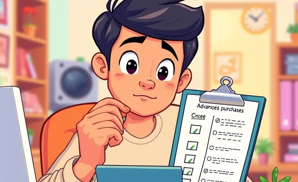 A person pondering a purchase decision with pros and cons listed on a clipboard.