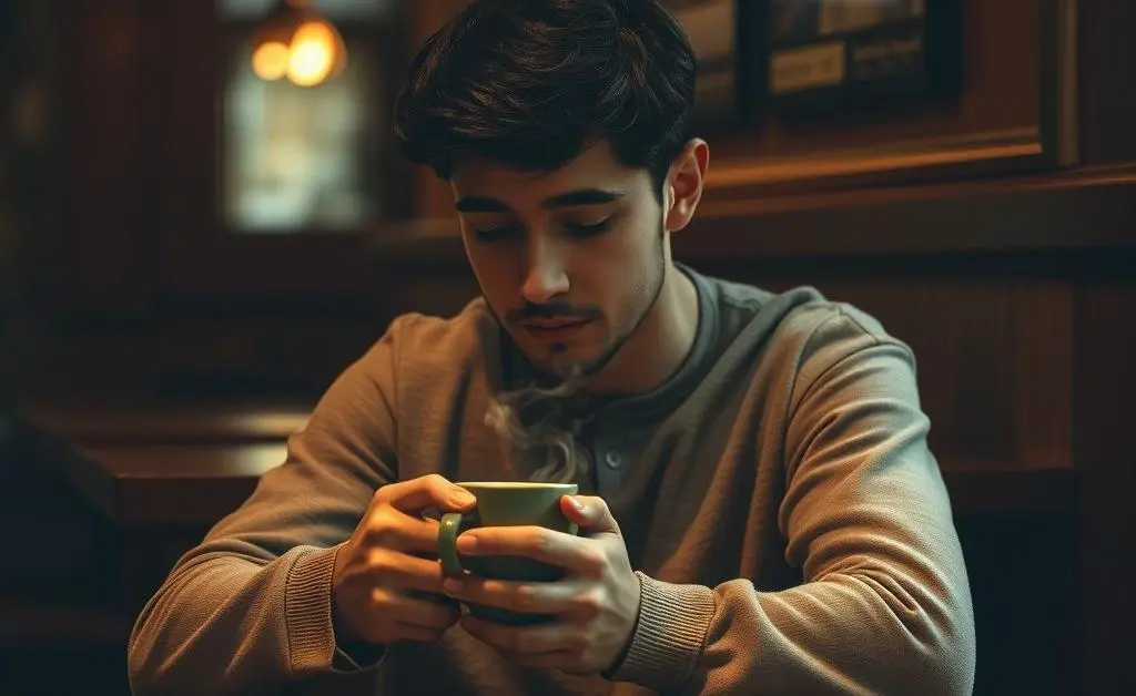 A person sitting with a cup of coffee, reflecting silently